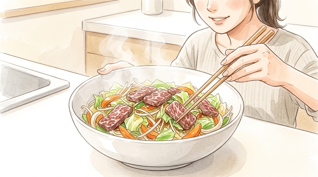 電子レンジ加熱直後の大皿に乗った牛肉とたっぷりの野菜を、箸で大きく混ぜ合わせる日本人女性の様子の水彩画風イラスト。肉汁を野菜に馴染ませる。