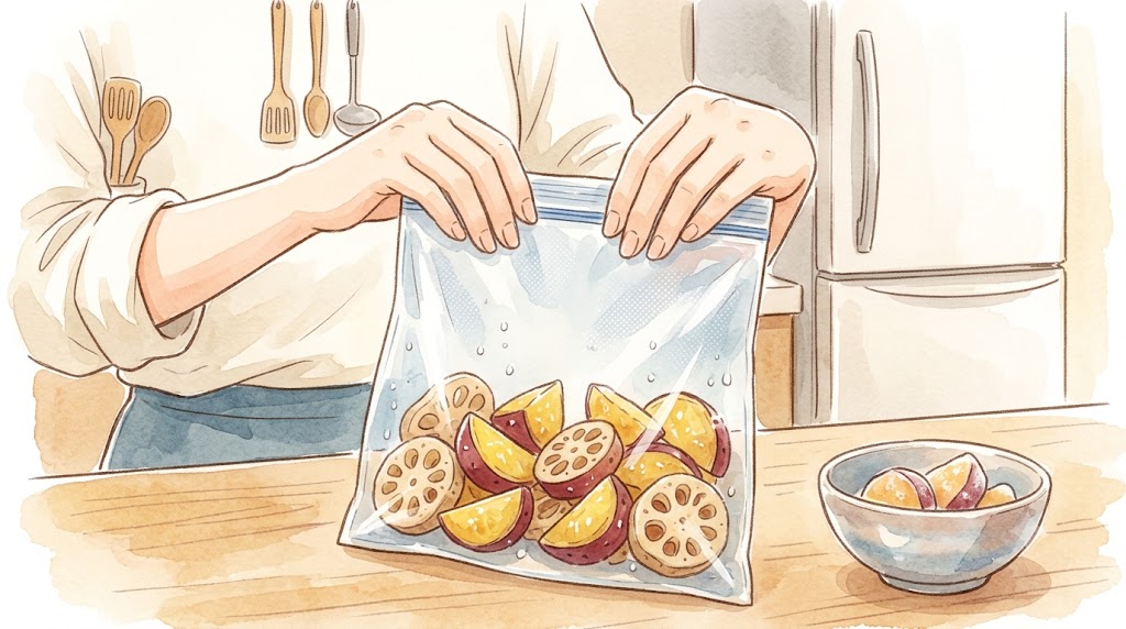 さつまいもとれんこんの甘酢炒めを小分けにし、ラップで包んでジッパー付き冷凍保存袋に入れる日本人の女性の手元。空気を抜いて密封し、急速冷凍するコツ。水彩画風のイラスト。