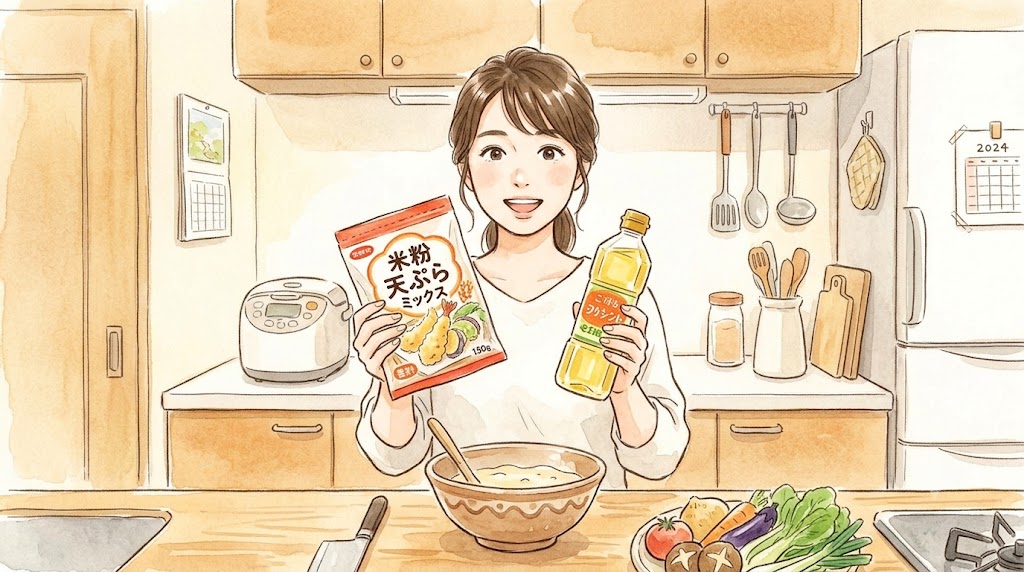 明るい家庭的な和風キッチンで、笑顔の日本人女性が市販の「米粉入り天ぷら粉」のパッケージを持ち、もう片方の手で調理油のボトルを指さしながら、手軽に時短調理ができることを紹介している温かみのある水彩画。