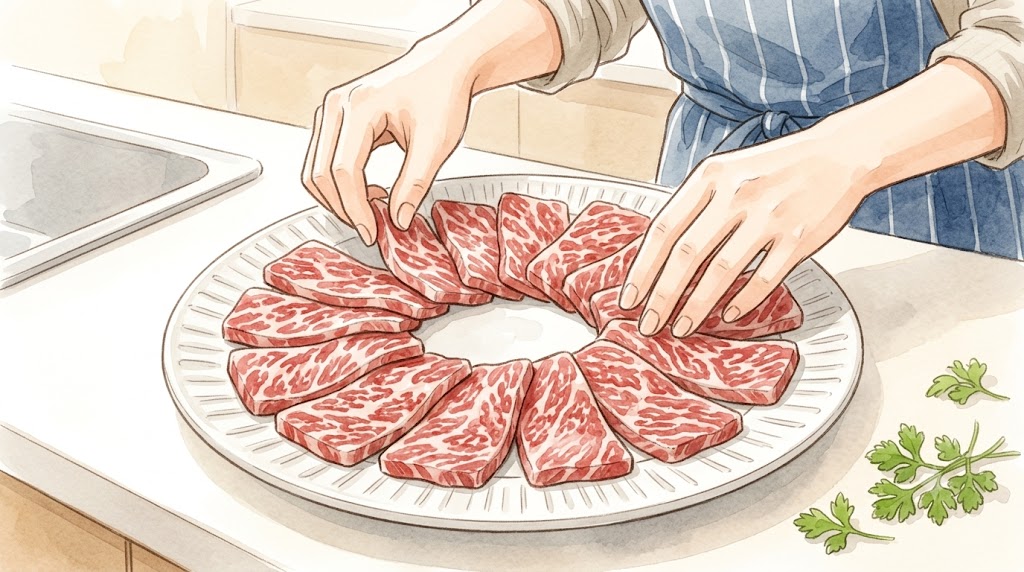 白いお皿に牛肉の薄切りを重ねずに、ドーナツ状に並べる日本人女性の手元の水彩画風イラスト。加熱ムラを防ぐコツ。