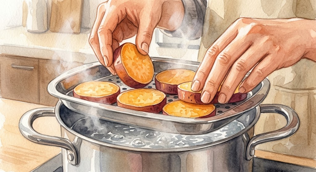 沸騰した鍋の上の蒸し器に、輪切りにしたさつまいもを並べる様子を捉えた温かみのある水彩画。