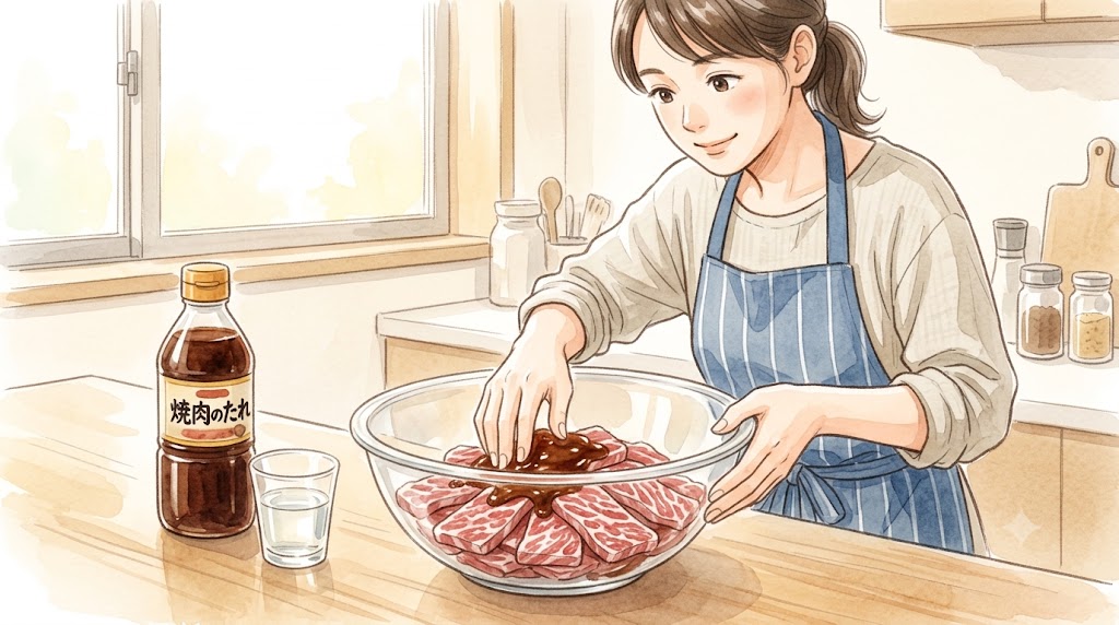 ボウルに入った牛肉に市販の焼肉のタレを揉み込む日本人女性の手元の水彩画風イラスト。加熱前に味を馴染ませる工程。