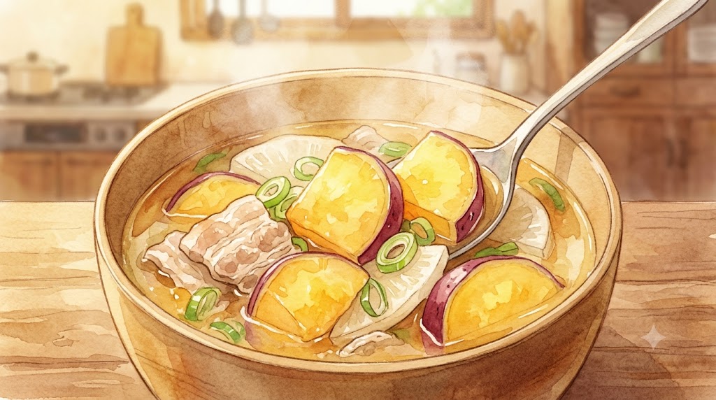 さつまいもと豚肉がたっぷり入った、湯気の立つ温かい豚汁の和風水彩画。甘みが全体に広がる様子を表現。