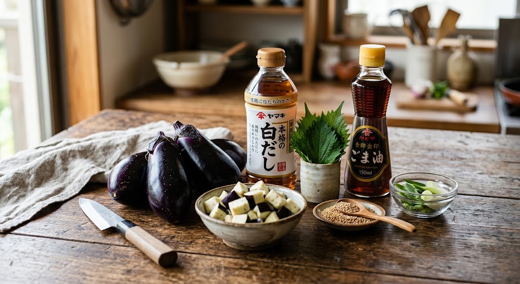 白だしとなすの基本材料とごま油のセット
