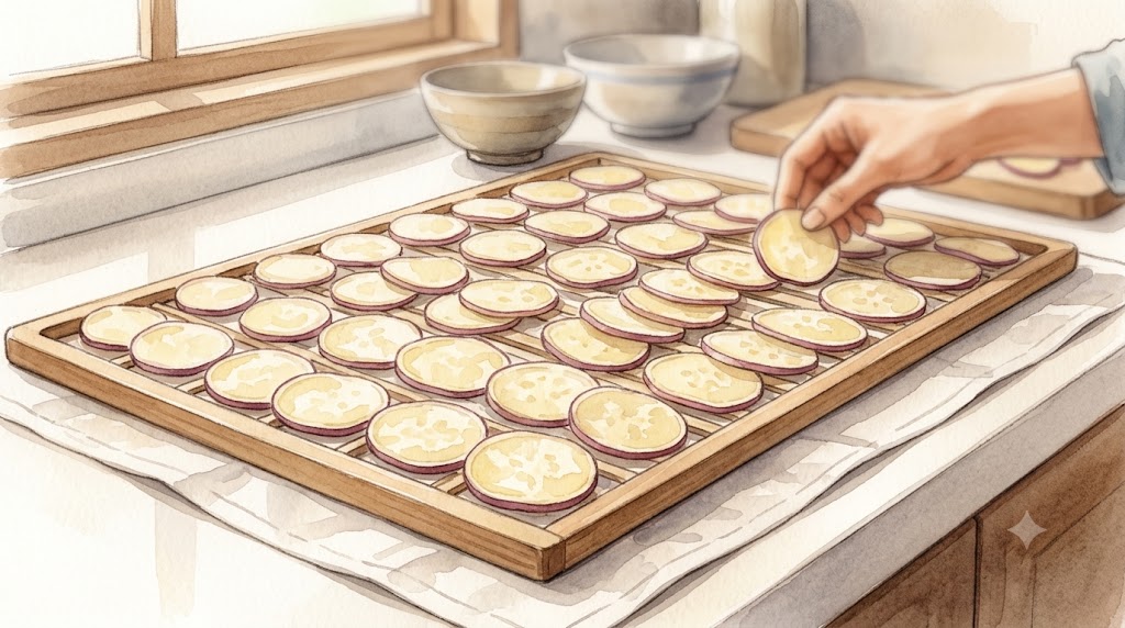 温かみのある水彩画。キッチンのカウンターで、スライスされたさつまいもが大きな木製の乾燥ラックに、重ならないように一面に並べられ、優しく風に当てられている。
