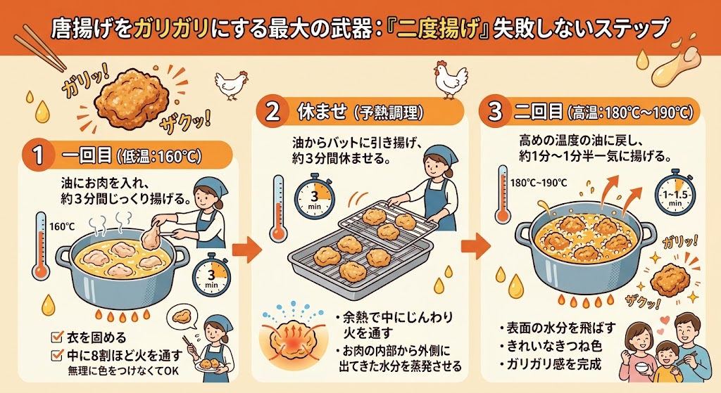 油の温度管理と二度揚げの正しい手順