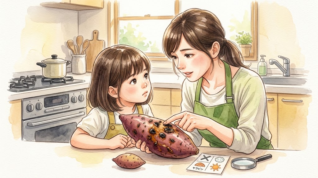 さつまいも表面の黒ずみを親子で観察し、カビか成分かを見分けようとする様子