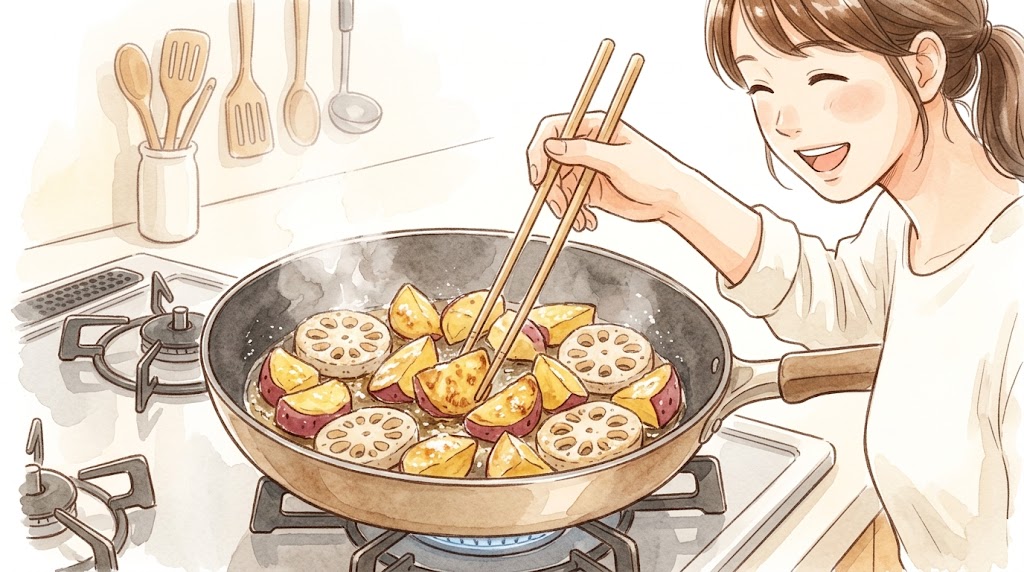 フライパンで揚げ焼きにされ、黄金色に輝くさつまいもとれんこん。カリッとした食感が伝わる、デパ地下風甘酢炒めの調理風景。日本人の女性が菜箸で炒める。水彩画風のイラスト。