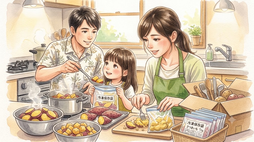 大量にあるさつまいもを加熱し、家族で協力して冷凍保存袋に詰める様子