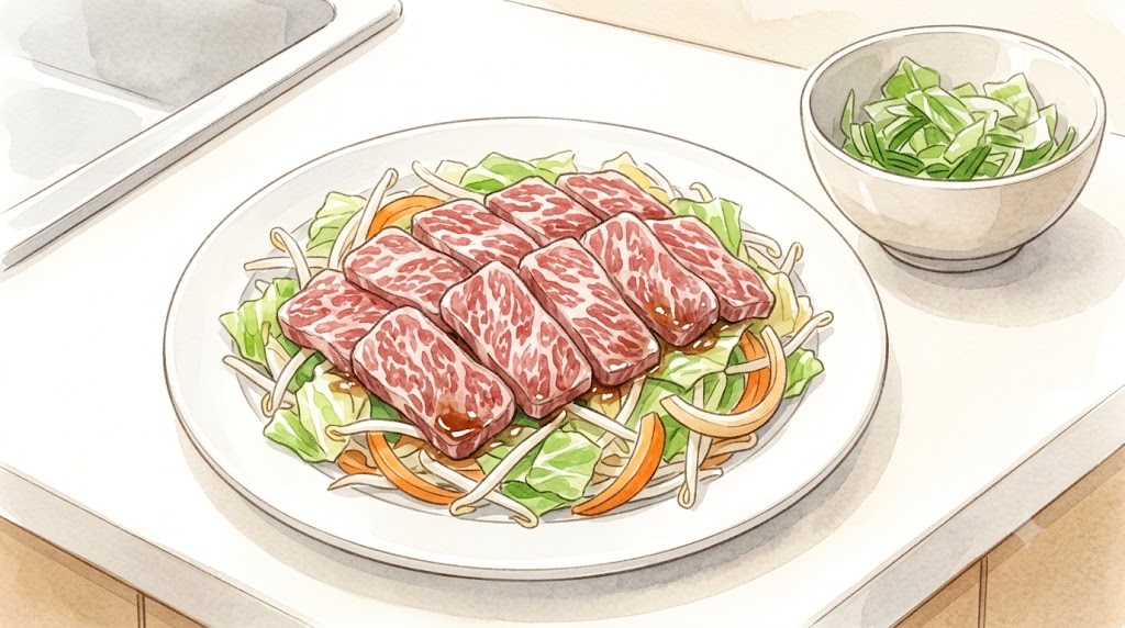 耐熱皿に敷き詰められたキャベツや玉ねぎなどの野菜の上に、牛肉を重ねずに並べた水彩画風イラスト。野菜をクッションにして脂を落とす裏技。