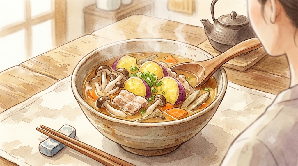 温かみのある水彩画で描かれた、さつまいも、豚肉、野菜がたっぷり入った具だくさんの豚汁。湯気が立ち上り、木のスプーンと箸が添えられた、食欲をそそる家庭料理の風景。