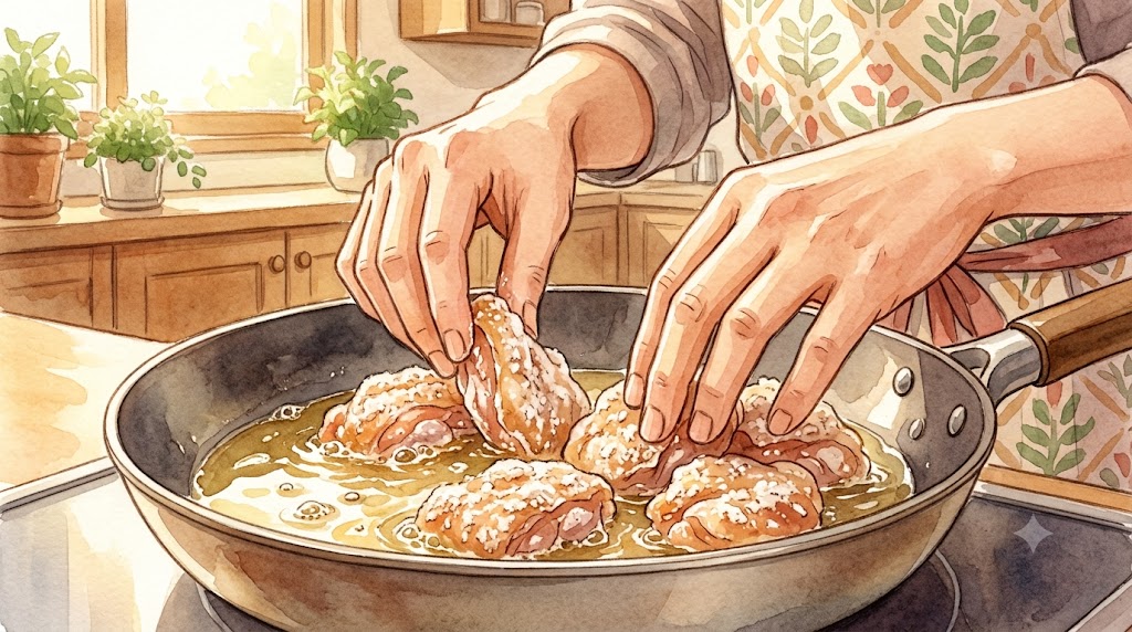 フライパンに少ない油を引き、米粉と片栗粉の衣を纏った鶏肉を並べて揚げ焼きにする様子を描いた温かみのある水彩画風イラスト。