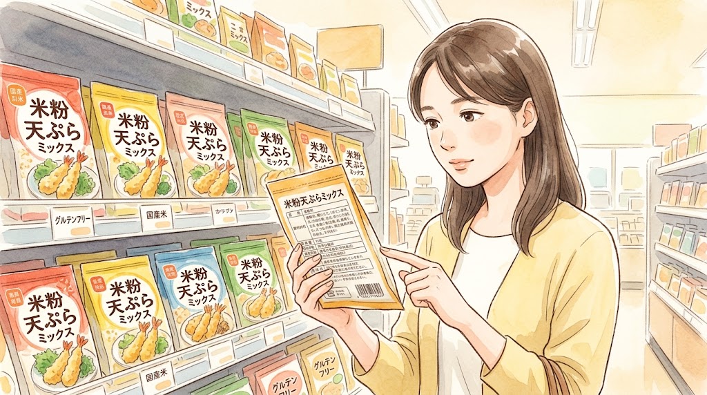 明るいスーパーマーケットの粉物コーナーで、日本人女性が棚に並んだ様々な「米粉入り天ぷら粉」のパッケージを手に取り、原材料表示を真剣に確認している様子を描いた、温かみのある水彩画。