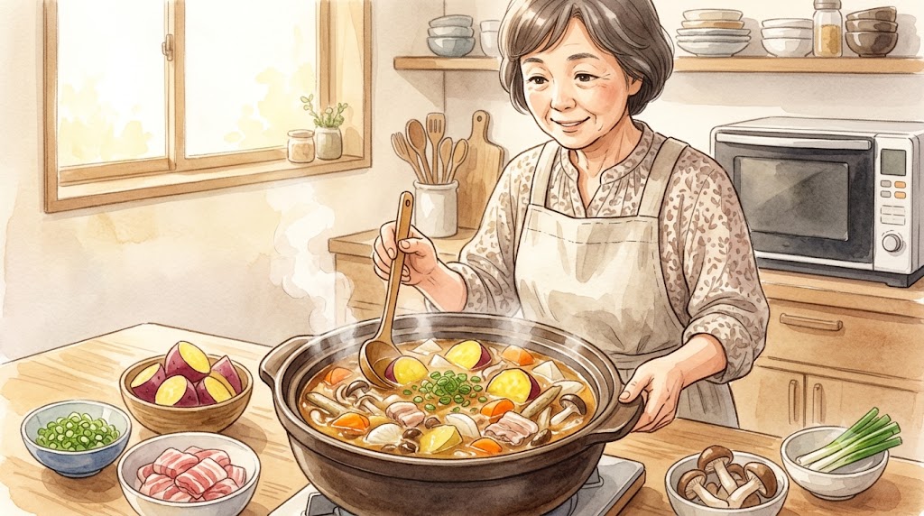明るいキッチンで、エプロン姿の日本人女性が、湯気の立つ大きな鍋でさつまいも入り豚汁を優しくかき混ぜている、温かみのある水彩画。カウンターには新鮮な具材が並び、家庭的な調理風景が描かれている。