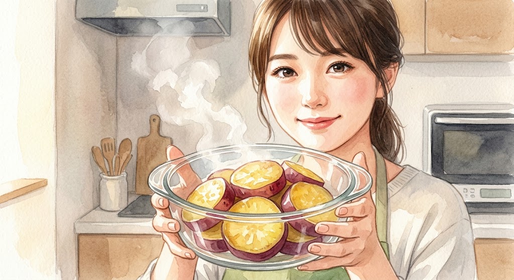 電子レンジで加熱し、湯気が立つ輪切りさつまいもが入った耐熱ボウルを持つ日本人女性の笑顔。