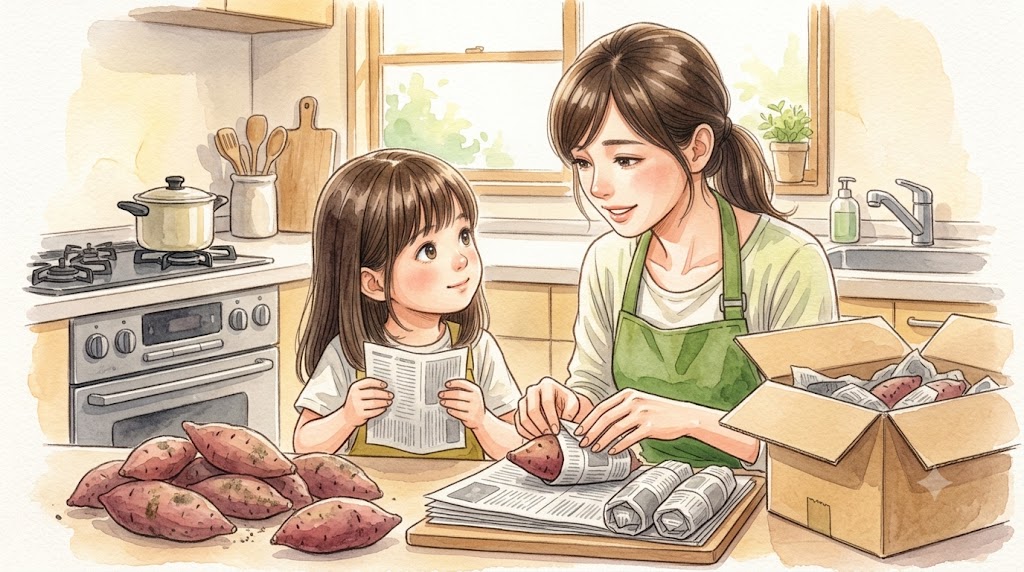 さつまいもを新聞紙で1本ずつ丁寧に包み、カビを防ぐ正しい常温保存を行う様子