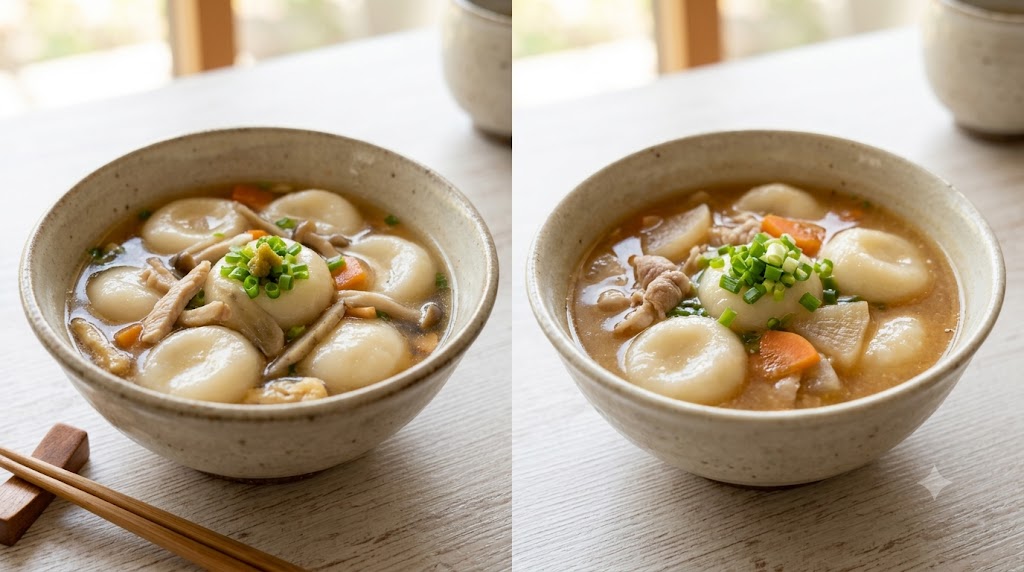自然光の中で、温かみのある木のテーブルに並べられた2つの陶器の鉢。左は醤油ベースのけんちん風すいとん、右は味噌ベースの豚汁風すいとん。どちらももちもちの米粉すいとんと具材がたっぷり。