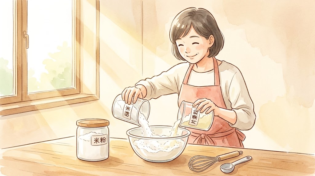 米粉と片栗粉を1対1の割合で混ぜ合わせ、唐揚げの衣を作る様子を描いた温かみのある水彩画風イラスト。