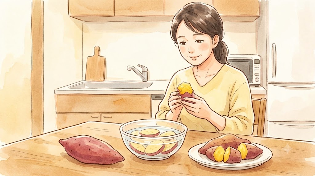 炊飯器ケーキ作りの前処理として、さつまいもを水にさらしてアク抜きし、レンジで加熱して柔らかく甘く仕上げる下ごしらえの様子を描いた温かみのある水彩画。アジア人の女性が調理している。