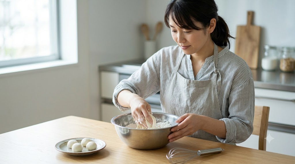 落ち着いた光の差し込むキッチンで、グレーのエプロンを着た日本人女性が、米粉とぬるま湯を大きなボウルで丁寧に混ぜ、もちもちした生地を手掌でまとめている下ごしらえの様子。