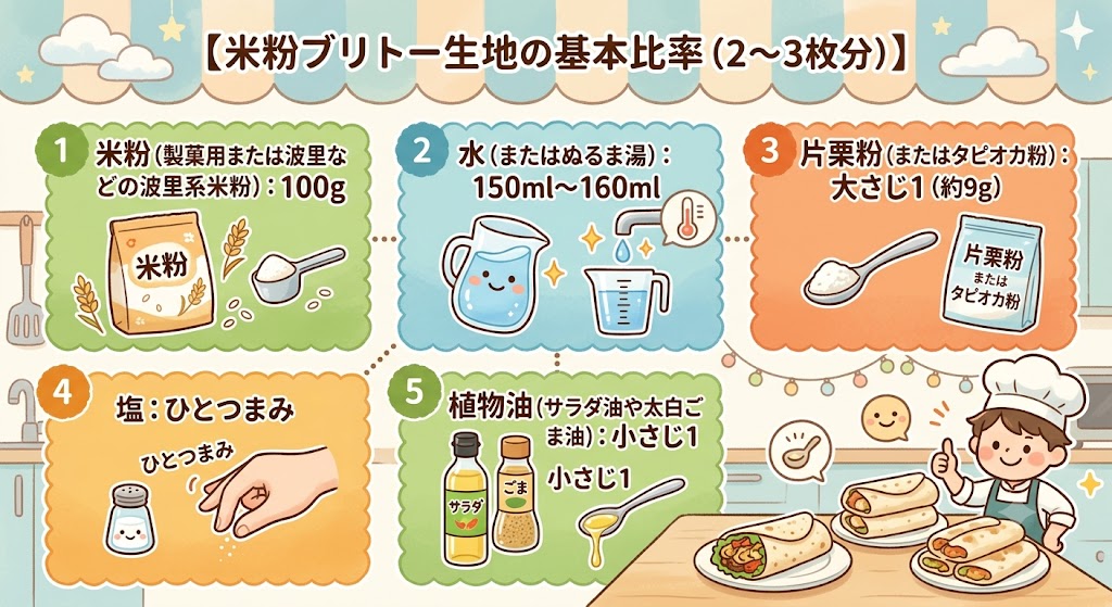 米粉ブリトー生地の基本比率(2〜3枚分)