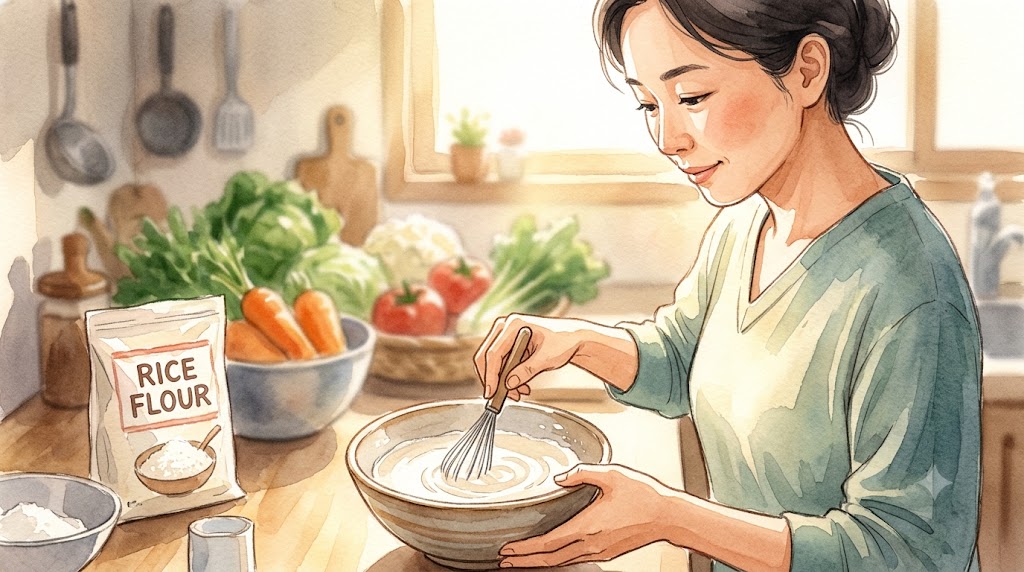 日本人の女性が和やかな雰囲気のキッチンで、米粉と水をセラミックボウルに入れて泡立て器で混ぜ、天ぷら用の滑らかな衣を作っている様子を描いた温かみのある水彩画。
