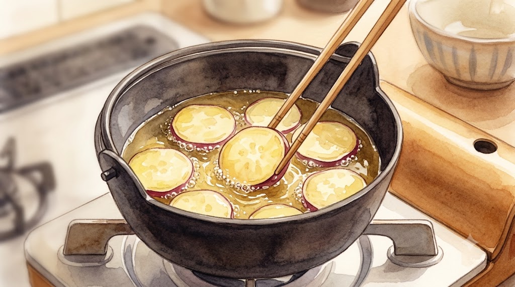 温かみのある水彩画。小ぶりな鋳鉄製の鍋で、薄切りのさつまいもが低温の油でじっくりと揚げられている。繊細な泡が周囲に立ち、木製の菜箸で優しく返されている。