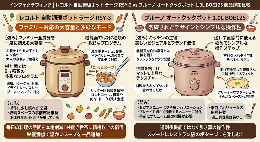 レコルト 自動調理ポット ラージ RSY-3とブルーノ オートクックポット 1.0L BOE125の商品ごとの詳細比較

・レコルト 自動調理ポット ラージ RSY-3：ファミリー対応の大容量と多彩なモード
レコルトの「自動調理ポット ラージ」における最大の強みは、従来のポータブルなスープメーカーが抱えていた「あと少し量が多ければ家族全員で均等に分けられるのに」という潜在的なストレスを完璧に払拭した点です。一度の稼働でしっかりと量を確保できるため、お腹をすかせて帰宅する子どもたちの夕食から、大人の夜食、さらには翌朝の忙しい時間帯の栄養補給まで一気に賄える包容力があります。機能面では計7種類の多彩なプログラムが自慢で、濃厚なコーンポタージュから、お粥、水分を飛ばして仕上げるドライカレー、さらには冷たいスムージーまでこれ1台でマルチに対応します。特に秀逸なのが「たべるスープ」モードで、カッターの回転数を緻密にコントロールすることにより、根菜や肉の形をあえて崩さずにゴロゴロとした食感を残し、スプーンですくい甲斐のある大満足のスープを創り上げてくれます。

反面、弱みとしては選べる調理モードが豊富な分、最初の数回はどのプログラムを選べば狙い通りの仕上がりになるのか操作に少し慣れが必要な点が挙げられます。また、ラージ仕様になったことで本体の設置面積や高さが従来品より増しているため、キッチンの引き出しや棚の収納スペースに余裕があるかを事前に確認しておく必要があります。それでも、他商品と比較した際の「具材の存在感を残す表現力」と「ファミリーユースに耐える大容量」の組み合わせは、毎日の料理の手間を本格的に削減したい共働き世帯にとって、価格以上の価値をもたらしてくれるはずです。

仕事終わりの食卓に、栄養満点でお腹に溜まる温かいスープをパッと一品追加したいと考えている方は、ぜひこのラージモデルのスペックを詳しくチェックしてみてください。

・ブルーノ オートクックポット 1.0L BOE125：洗練されたデザインとシンプルな操作性

ブルーノの「オートクックポット」が誇る圧倒的な強みは、キッチンの主役にふさわしい、所有欲をストレートに満たしてくれる美しいビジュアルと高いブランドバリューです。マットで上品なテクスチャーやクラシックなボタン配置は、無機質になりがちな一般的な白物家電とは一線を画しており、そこにあるだけで空間の雰囲気を格上げしてくれます。操作ステップも極めてシンプルに洗練されており、細かい設定変更に頭を悩ませることなく、材料を入れてダイヤルを合わせればすぐにクリーミーなポタージュや滑らかなペーストが完成します。仕事でクタクタになって帰宅し、思考力が低下している時でも、迷わず直感的に使える手軽さは、忙しい日々を送る働く親御さんにとって非常に大きな精神的ベネフィットとなるでしょう。

一方で、留意すべき弱みとしてはレコルトのラージサイズと比較した場合に、食材の形を大きく保ったまま煮込むようなおかず系メニューのバリエーションがやや狭く、基本的にはブレードで細かく攪拌しながら火を通すポタージュ系のメニューに強みが特化している点が挙げられます。また、カタログ上の総容量は1.0Lですが、食材の組み合わせや水分量によって吹きこぼれを防ぐための適正な調理量は異なるため、事前にレシピブック等でのボリューム感の把握が必要です。他商品との最大の違いは、過剰な多機能化を追い求めるのではなく、「キッチンの美観を損なわない優れたデザインと、誰でも今すぐ使える引き算の操作性」がハイレベルで融合している点にあります。

毎日の生活動線やお気に入りのインテリアにこだわりつつ、お家で贅沢なレストラン級のポタージュをスマートに楽しみたい方は、まずはこちらの公式ページから製品の雰囲気を確かめてみてください。