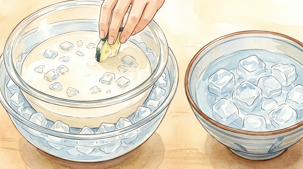 天ぷら衣のボウルを氷水の入った別のボウルに入れてしっかり冷やし、さらに衣自体にも氷を入れて冷たさを保っている様子を描いた、和風キッチンでの温かみのある水彩画。