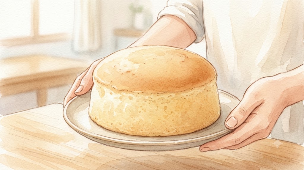 日本人の女性の手元に、ふんわりと焼き上がった米粉スポンジケーキが乗った、温かみのある水彩画。家庭のキッチンが優しく描かれている。