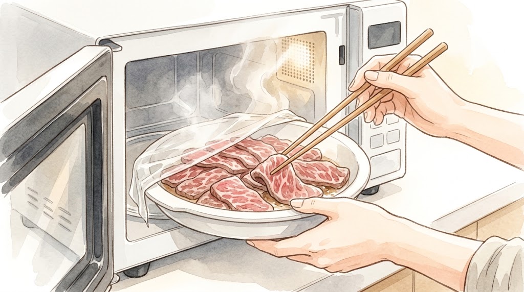 電子レンジから取り出した耐熱皿の中の牛肉を、箸でひっくり返す日本人女性の手元の水彩画風イラスト。加熱時間を調整し、余熱で火を通すイメージ。