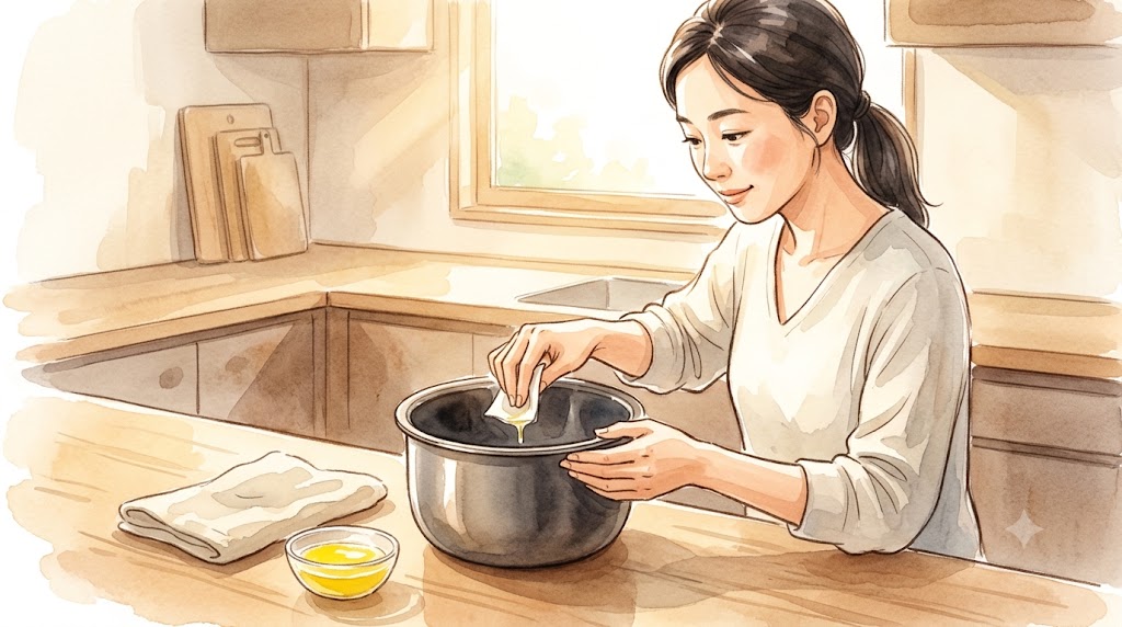 焼き上がったケーキを炊飯器から綺麗に取り出すための下ごしらえ。内釜にサラダ油を薄く塗り、その上にキャラメル状になるよう砂糖を敷く様子を描いた温かみのある水彩画。アジア人の女性が作業している。