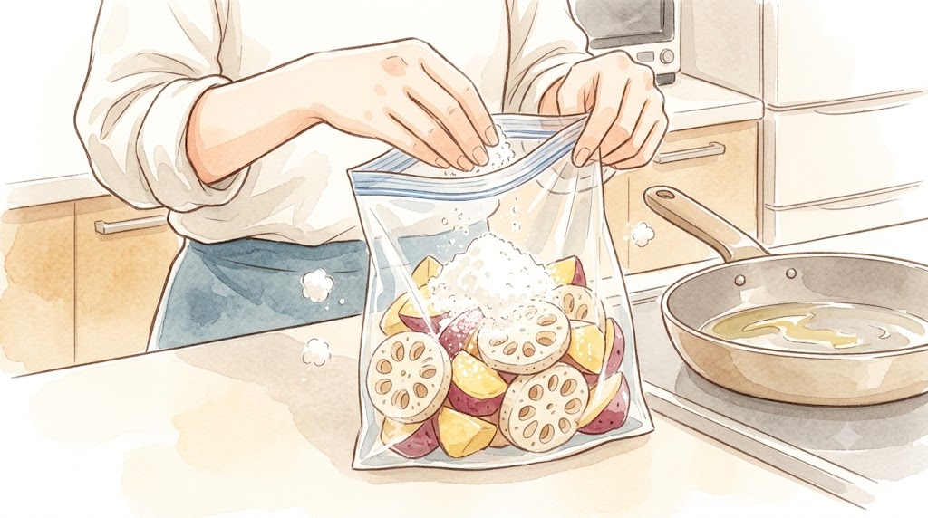 ポリ袋の中で米粉をまぶされ、均一に衣が付いたさつまいもとれんこん。カリッと仕上げるための下ごしらえ。日本人の女性の手元。水彩画風のイラスト。