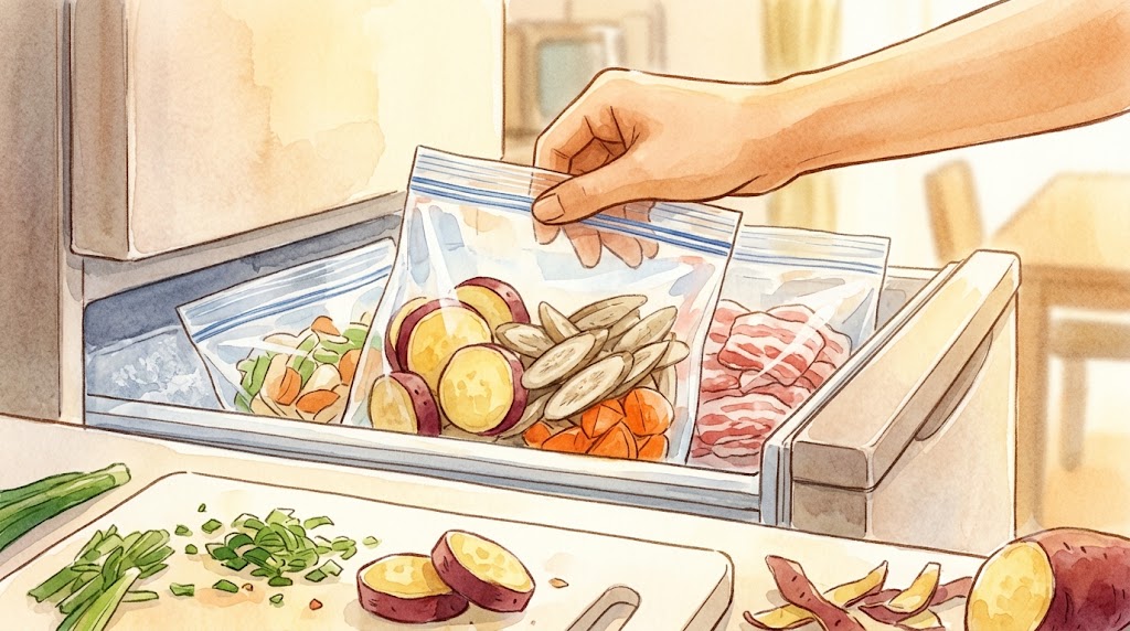 和風水彩画で描かれた、カットしたさつまいも、人参、大根、ごぼう、豚肉を種類ごとに生のまま冷凍保存袋に入れて密封し、冷凍庫の引き出しに収納する様子。時短のための冷凍ストック術。