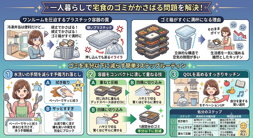 一人暮らしで宅食のゴミがかさばる問題を解決！