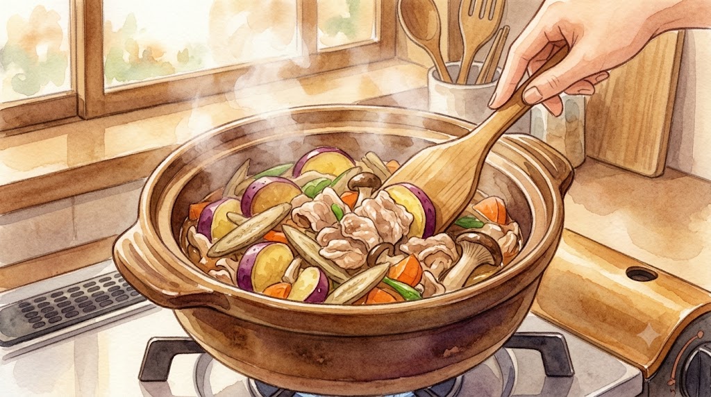 和風水彩画で描かれた、鍋でごま油を熱し、豚肉、根菜類(大根、人参、ごぼう)、さつまいもの順に炒める様子。旨味を閉じ込める黄金順序の工程。
