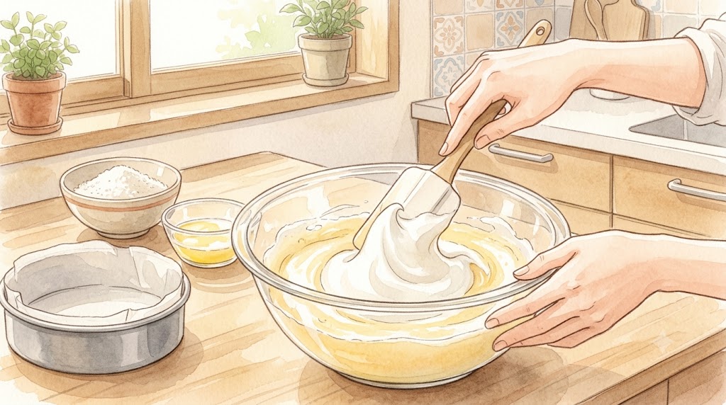 2つのボウルを使い、白っぽく泡立った卵黄生地と、おじぎツノが立つメレンゲを、ゴムベラでさっくりと混ぜ合わせる日本人女性の手元。計量された米粉や溶かしバターが置かれたキッチンカウンター。温かみのある水彩画風。