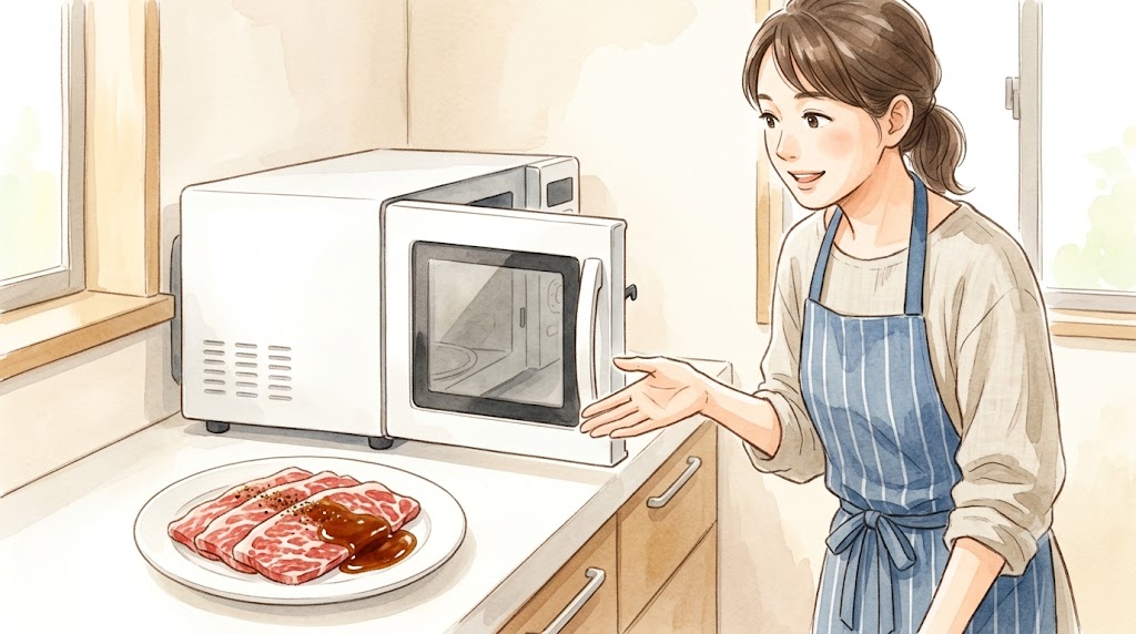 電子レンジの隣にあるお皿に乗った牛肉と、笑顔で料理をする日本人女性の水彩画風イラスト。電子レンジで焼肉を作るイメージ