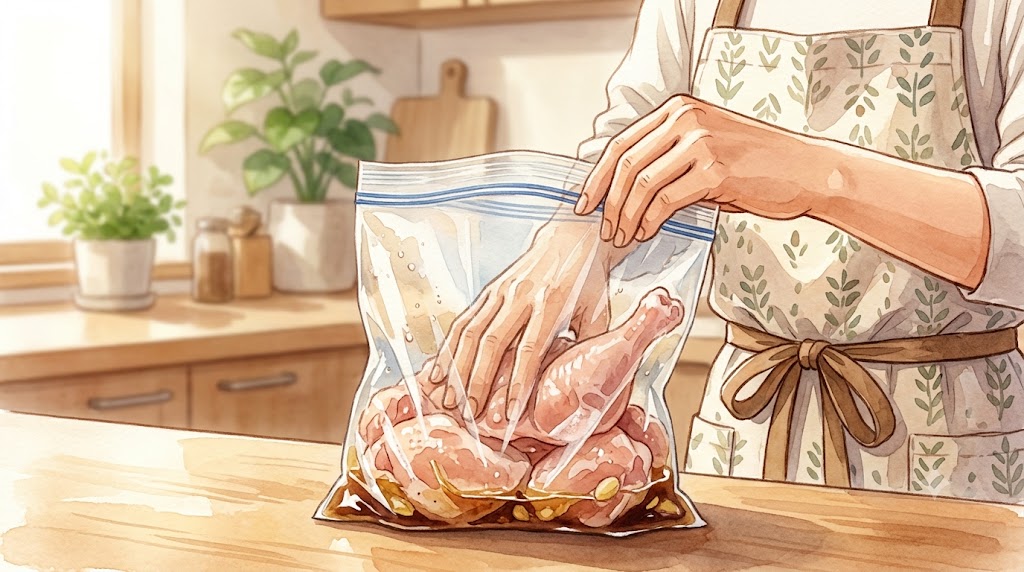 鶏肉をジッパー付き袋に入れ、調味料と一緒に優しく揉み込んで下味をつける様子を描いた温かみのある水彩画風イラスト。
