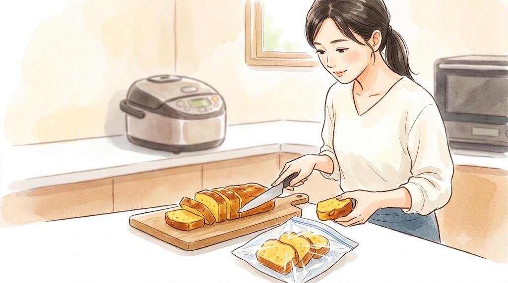 忙しい朝に役立つさつまいもケーキの冷凍保存法。焼き上がったケーキを1食分ずつ切り分け、ラップでぴっちりと包んでから冷凍保存袋に入れる様子を描いた温かみのある水彩画。アジア人の女性が作業している。