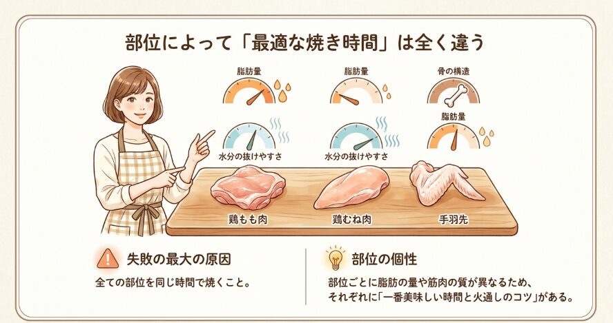 鶏肉を何分焼くと失敗しない?部位別の最適時間