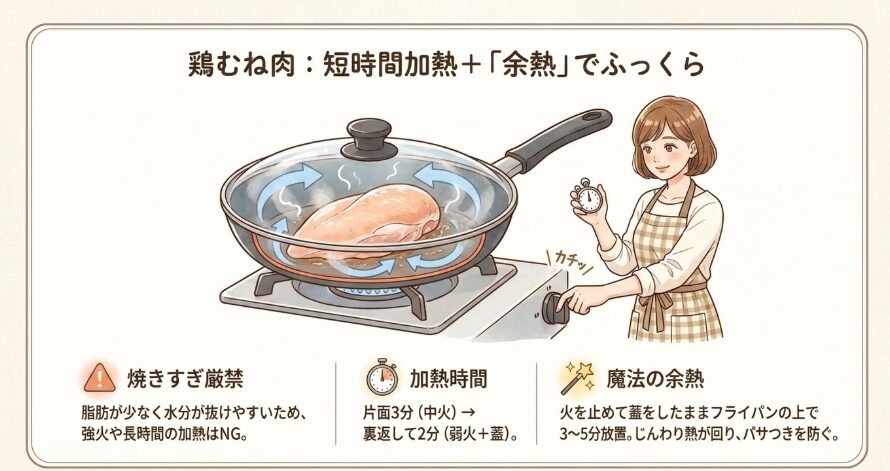 鶏むね肉はパサつきを防ぐため短時間で仕上げる