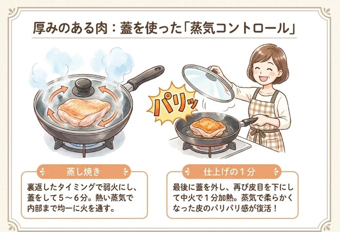 厚みのある鶏肉は蓋をして蒸し焼きにする