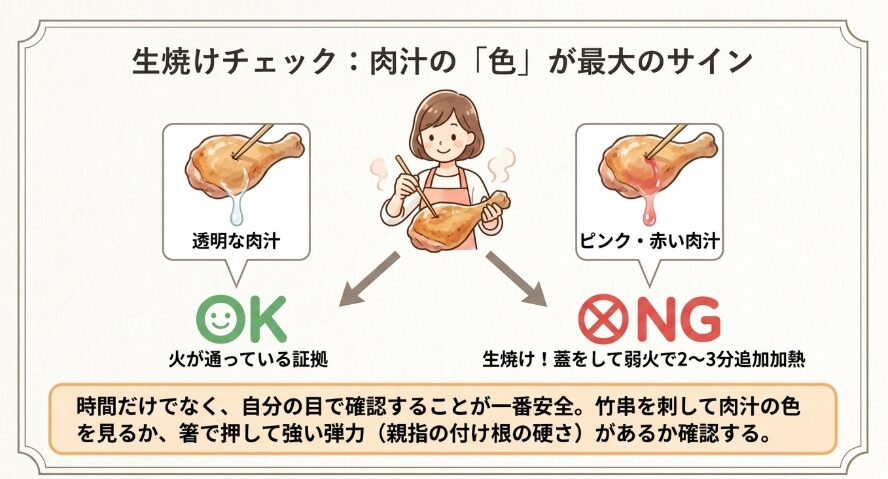 焼き上がりの目安は肉汁の色で見極める
