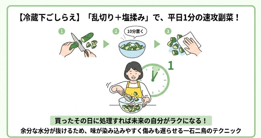 乱切りにして塩揉みする下ごしらえ