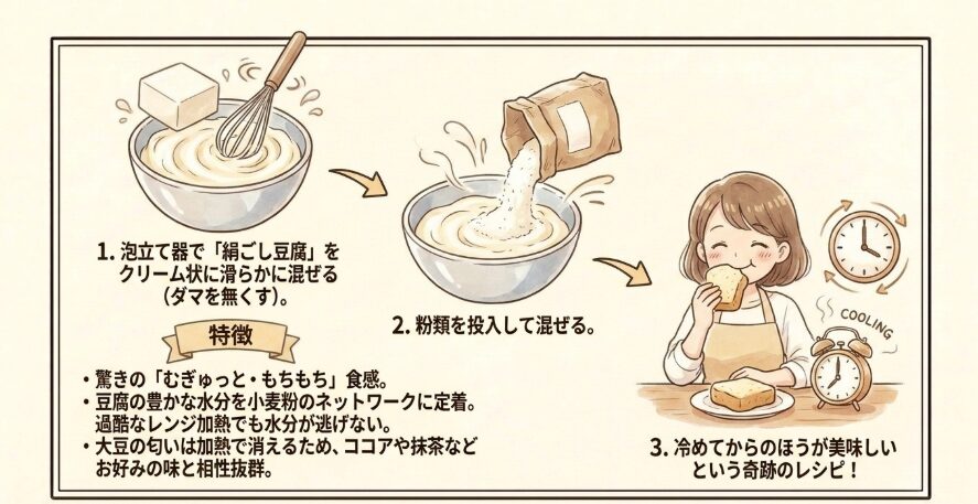 豆腐を大胆に練り込んで、冷めても続く驚きのもちもち食感へ