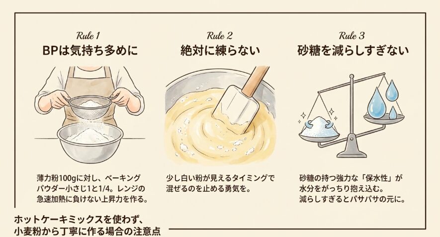 ホットケーキミックスを使わず、小麦粉から丁寧に作る場合の注意点