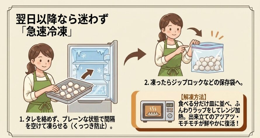 翌日以降まで長期保存したいなら、迷うことなく「冷凍庫」へ直行させる