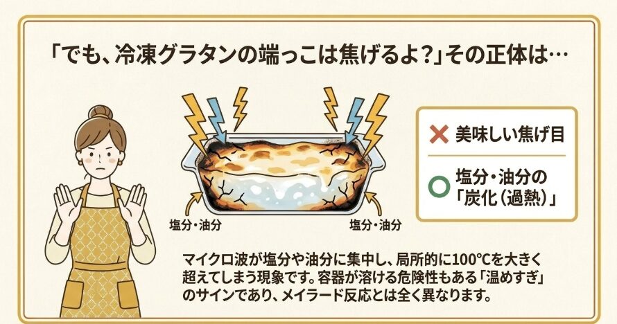 冷凍グラタンがレンジで焦げるのは全く別物の現象
