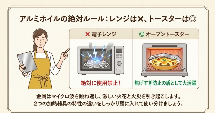 「電子レンジ」と「オーブントースター」でのアルミホイルの使い分け